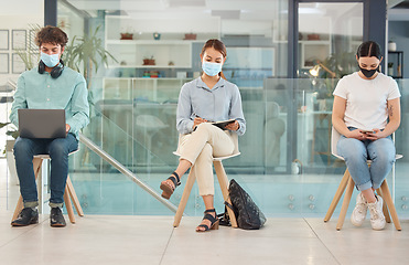 Image showing Covid, recruitment and people in waiting room social distancing and wearing face mask for safety from covid 19 virus. Hiring, company job interview and young man and women wait for business interview