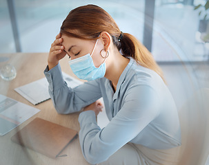 Image showing Covid, headache and face mask on business woman in compliance office, corporate startup and company. Sick, anxiety and burnout worker or tired employee with stress pain from global healthcare virus