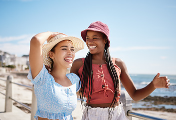 Image showing Happy women, friends and summer relax at promenade sea, beach and ocean for fresh air, freedom and fun in Miami Florida. Smile, travel and vacation young people excited for sunshine holiday together