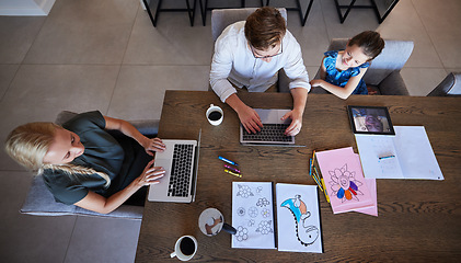Image showing Family, business and education by parents and child productive with remote homework and freelance work at table from above. Multitasking, homeschool and busy mother and father bonding with daughter