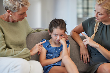 Image showing Angry family, discipline and sad children at home for naughty, stubborn and bad behavior problem. Moody girl kid with adhd, fear and anxiety in conflict fight with frustrated mother and anger grandma