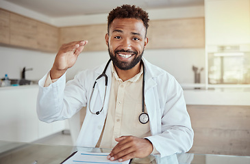 Image showing Doctor, consulting and talk on video call in home office with paper documents, test results or hand gesture. Happy smile portrait of medical or healthcare wellness worker in insurance help telehealth