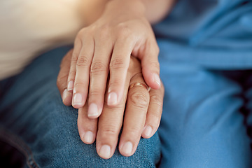 Image showing Support, empathy and trust with holding hands of old woman and nurse in retirement home for hope, community and help. Therapy, respect and healthcare with hand of medical caregiver and senior patient