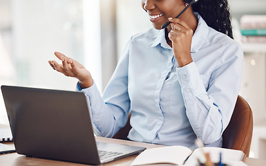 Image showing Business call center, video call consultant with laptop headset for problem solving or IT innovation ppt in online web. Black woman virtual advisor with leadership, customer service or tech solution