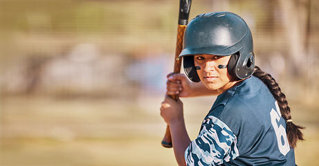 Image showing Baseball woman, game face and ready to hit ball with bat on a field. Sports player with eye paint, waiting to strike and concentration to win match by competitive female batter focus during training