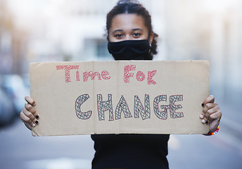 Image showing Woman poster of climate change, environment support and to stop global warming, world revolution and planet justice. Protest portrait sign in fight for pollution crisis, future earth and human rights