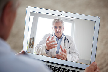 Image showing Home patient with tablet consulting doctor for support, help or assistance on medical problem. Telehealth, communication and online consultation with medicine healthcare expert talking to sick client