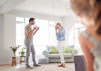 Image showing Couple, divorce fight and child trauma with mental health, anxiety and depression from watching parents. Stress, argument and burnout man and woman or mother and father with girl in house living room