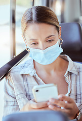 Image showing Smartphone, public transport and woman with covid face mask reading online safety compliance news. Girl travel in city on bus or train and check corona virus results, update or statistics on internet