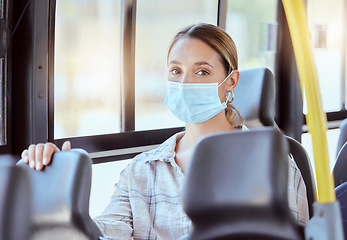 Image showing Compliance, public transport and woman in bus with covid rules, travelling in city. Portrait of female in social distancing vehicle with community care and hygiene on a daily commute during pandemic