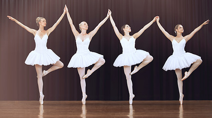 Image showing Women, ballet and theatre stage dance people in routine for creative theater art, group training or dancing performance. Students, dancer friends or studio ballerina artists in elegant learning class