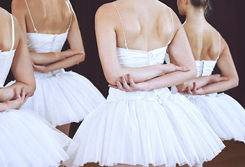 Image showing Ballet, dance and art with back of women on stage for performance, theatre and training. Creative, motivation and dancing with elegant ballerina dancer for classical show, recital and movement