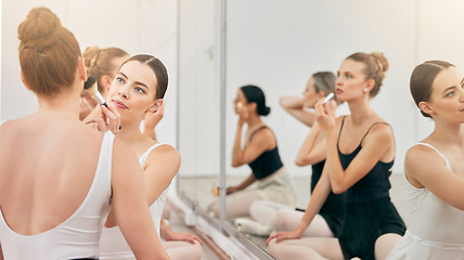 Image showing Women, ballet dancer and makeup cosmetics in studio mirror for theatre, stage and theater performance. Friends, ballerina students or creative artists in help, support and learning class for broadway