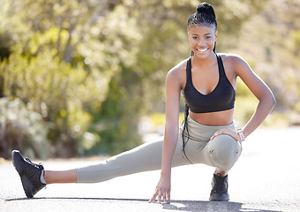 Image showing Stretching legs, fitness portrait and black woman training for marathon in nature, running for cardio exercise and happy with workout in park during summer. Girl runner start with stretch for sport