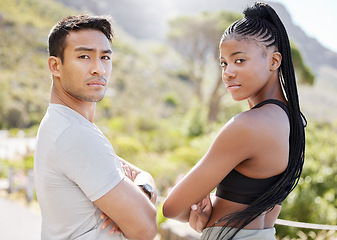 Image showing Fitness portrait, strong couple and interracial people running for cardio workout in nature, training for competition together and motivation fo sports exercise. Athlete runner in park for marathon