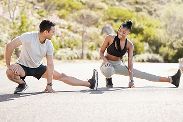 Image showing Fitness personal trainer couple stretching legs for exercise goal, motivation and accountability. Training instructor and athlete woman, client or sports people workout for healthy body or wellness