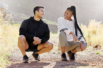 Image showing Outdoor fitness, motivation and runner couple exercise with sunshine and nature. Sports athlete people or personal trainer and woman workout together for body health, goal challenge or accountability