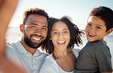 Image showing Family selfie portrait at beach holiday, summer vacation and relaxing sea together. Video call faces of excited, smile and happy mom, dad and boy kids photos for fun, happiness and sunny ocean travel