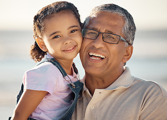 Image showing Love, family and portrait of grandfather and child happy, bonding and enjoy fun quality time by the beach. Smile, happiness and face of kid girl with elderly grandparent or senior man relax together