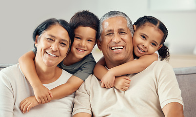 Image showing Grandparents, grandkids and hug portrait of family relax, love and care on lounge sofa at home. Smile, play and happy children, senior grandma and funny elderly grandpa bond together for quality time