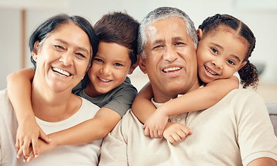 Image showing Grandkids hug grandparents for love, care and relax in family home together. Portrait of happy children, smile senior grandma and laughing elderly grandpa bond and funny play together in quality time