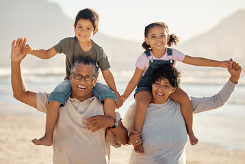 Image showing Grandparents, kids and family portrait at beach holiday, summer vacation and relax together. Excited, smile and happy seniors with piggyback grandchildren in sunshine for fun play, happiness and care