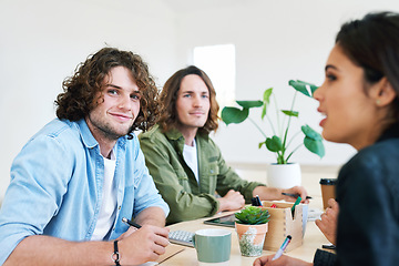 Image showing Creative, business meeting and teamwork planning, brainstorming and discussion of strategy job at company office. Young design and startup agency management people sitting, working and collaboration