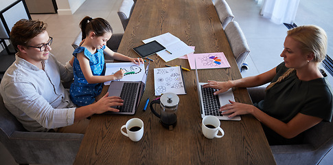 Image showing Man, woman and child in home office with laptop, paper documents and kids study homework. Top view of family, mother and father with learning girl working on startup business and children education