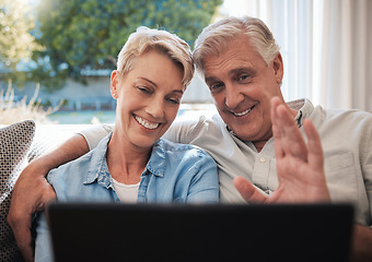 Image showing Senior couple, laptop and video call greeting in living room talking, communication and speaking on sofa at house. Elderly, love and retirement man and woman on family home pc wifi video conference