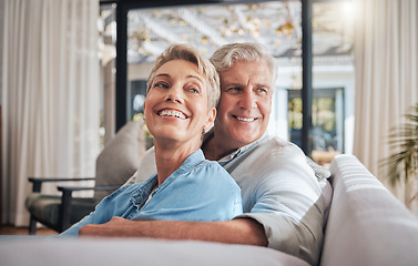 Image showing Love, couple and retirement with a senior woman and man on a sofa to relax in their home together. Happy, smile and thinking with an elderly male and female pensioner in the living room of a house