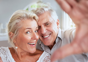 Image showing Face selfie, senior couple and love smile in retirement in home interior. Portrait, happy elderly and retired romantic man and woman life partners with care, fun and trust, support or affection.