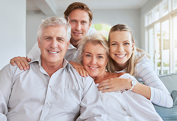 Image showing Portrait of happy family bonding over the weekend on couch together. Parents visiting their adult son and daughter with a smile, love and support together on the sofa in the family home living room