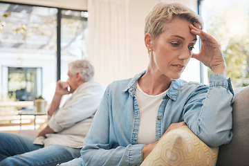 Image showing Stress, divorce and senior couple after a fight in the family home thinking of conflict, problem and break up on sofa. Mental health, angry and upset old man on the couch with his frustrated wife