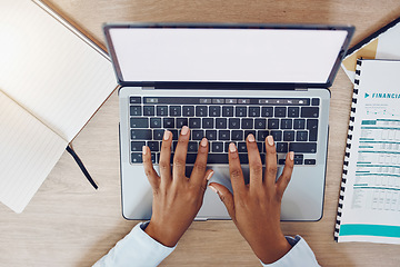 Image showing Financial advisor hands typing on laptop, black woman working in online accounting, banking and credit score audit. Investing stock market technology, planning finance savings and trading budget data