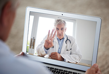 Image showing Medical video call, doctor consulting and man in communication with healthcare expert about health, planning surgery online and talking about medicine. Person in telehealth meeting with surgeon