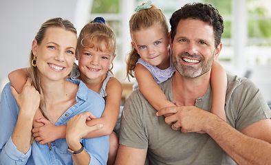 Image showing Happy, smile and portrait of relax family on home living room sofa bonding, having fun and enjoy quality time together. Happiness, love and happy family youth kids or children hug mother and father