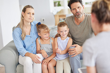 Image showing Family counseling from home, parents worry and listen to therapist to get help issue for children. Talking to counselor about a problem can help kids mental health, school results and social behavior