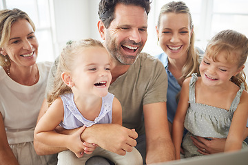 Image showing Happy, family and watching tv with kids together in home and watching or streaming a comedy movie. Father, mother and parents who love entertainment technology relax, laugh and have fun in a house.