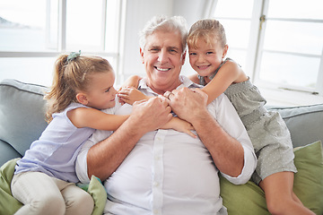 Image showing Happy family hug, love and grandfather with children, youth or grandkids playing together, bonding and have fun. Happiness and portrait of senior grandparent with kids relax on home living room sofa