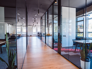 Image showing In a setting of modern, glass-walled business startup offices, the open, airy workspace reflects a contemporary and innovative ambiance, promising a dynamic environment for entrepreneurial growth