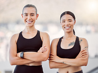 Image showing Sports women, runner and athlete portrait training for exercise, workout and marathon together outdoors. Happy, smile and healthy fitness people with arms crossed in motivation, goal and strong body