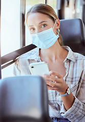 Image showing Woman, covid and phone in travel bus for health safety, news and social media with mask. Portrait of a female traveler in public transport during pandemic on mobile smartphone for communication