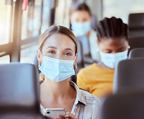 Image showing Woman, covid and mask on bus with phone for travel safety public transport commute. Portrait, health and healthcare female with ppe, corona protection and social media, online 5g mobile and web app.