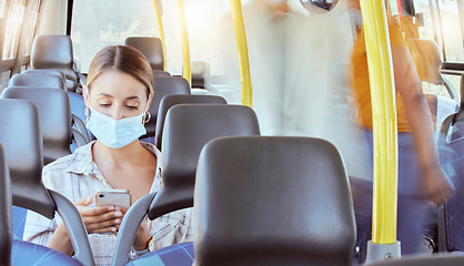 Image showing Covid, phone and woman bus mask for travel protection from sickness in pandemic health crisis. Global virus and girl passenger public commute safety for infection and illness prevention.