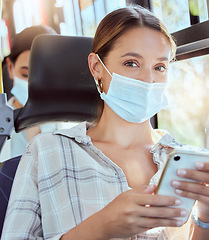 Image showing Covid, bus and mask portrait with smartphone for public commute digital entertainment online. Girl travelling with pandemic protection for social distance and enjoying 5g mobile connection.