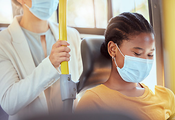 Image showing Covid, health black woman travel on bus smiling, social distancing for safety in pandemic virus. Happy women diversity of people on car transport during a commute to work, university or home covid 19