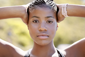 Image showing Determined face, fitness training and black woman running for motivation, cardio exercise for health and healthy lifestyle in park. Portrait of focused athlete runner doing workout in nature