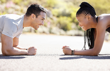 Image showing Energy, exercise and couple plank workout outdoors, bonding, playful and competitive in nature. Training, motivation and interracial relationship by man and woman enjoy cardio fitness challenge