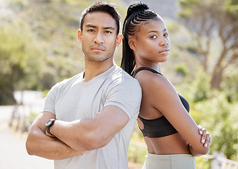 Image showing Fitness, motivation and couple standing in power, ready to challenge endurance with a cool, proud attitude. Health, training and mean personal trainer partner leading in sport and healthy living