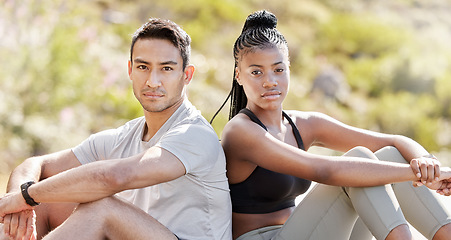 Image showing Man with rest black woman on hiking, training or running trip in nature together with confidence. Fitness people take break, exercise or workout outside at park for health and wellness of body